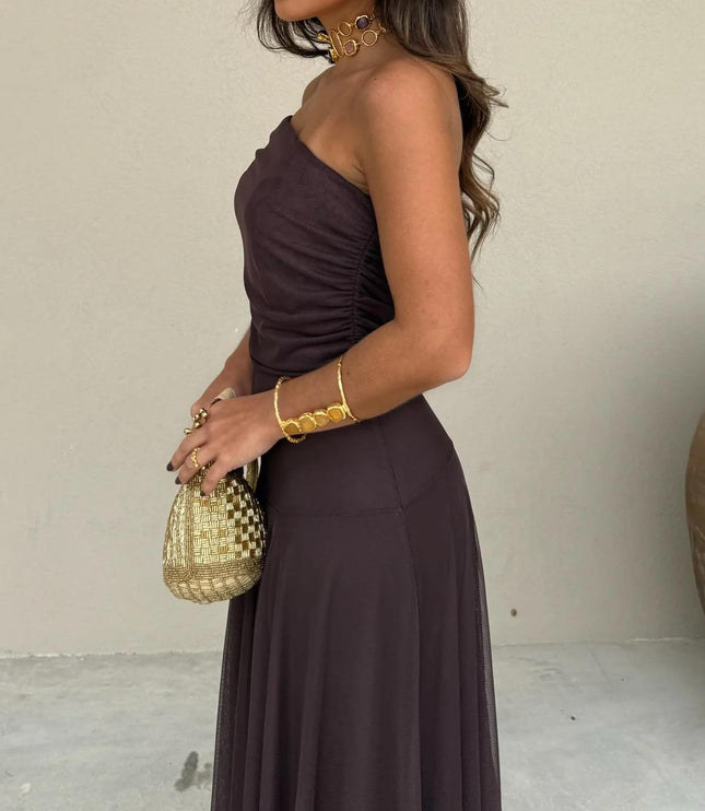 Women's Maxi Dress with Off-Shoulder Sleeves and Sheer Skirt