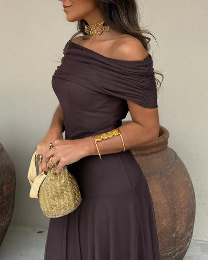 Women's Maxi Dress with Off-Shoulder Sleeves and Sheer Skirt