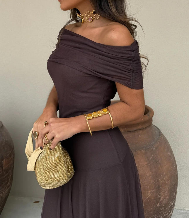 Women's Maxi Dress with Off-Shoulder Sleeves and Sheer Skirt