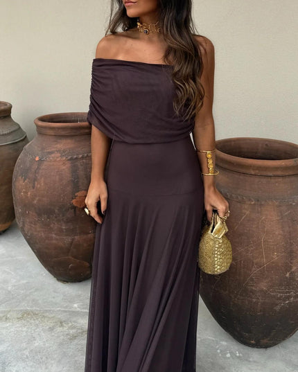 Women's Maxi Dress with Off-Shoulder Sleeves and Sheer Skirt