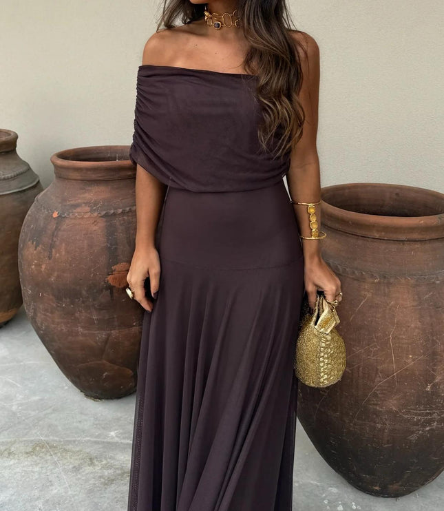Women's Maxi Dress with Off-Shoulder Sleeves and Sheer Skirt