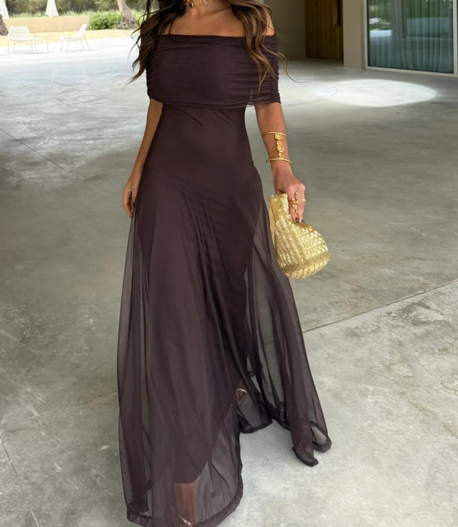 Women's Maxi Dress with Off-Shoulder Sleeves and Sheer Skirt
