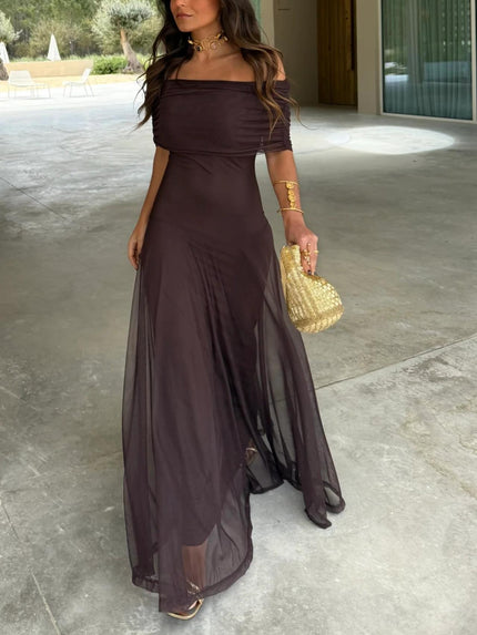 Women's Maxi Dress with Off-Shoulder Sleeves and Sheer Skirt