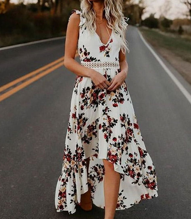 Women's Maxi Dress with Ruffle Sleeve Trim and High Low Hem