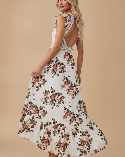 Women's Maxi Dress with Ruffle Sleeve Trim and High Low Hem