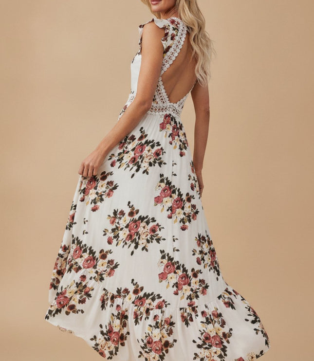 Women's Maxi Dress with Ruffle Sleeve Trim and High Low Hem