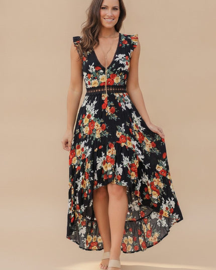 Women's Maxi Dress with Ruffle Sleeve Trim and High Low Hem