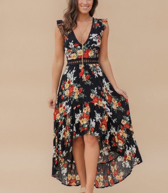 Women's Maxi Dress with Ruffle Sleeve Trim and High Low Hem