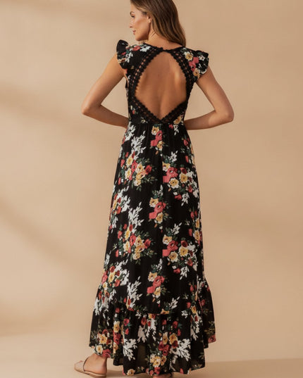 Women's Maxi Dress with Ruffle Sleeve Trim and High Low Hem