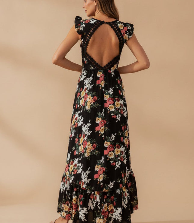 Women's Maxi Dress with Ruffle Sleeve Trim and High Low Hem