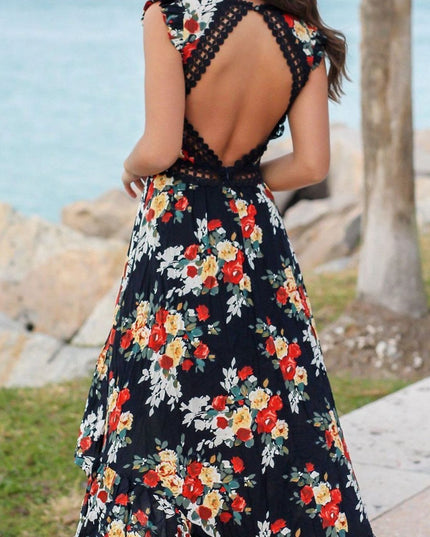 Women's Maxi Dress with Ruffle Sleeve Trim and High Low Hem