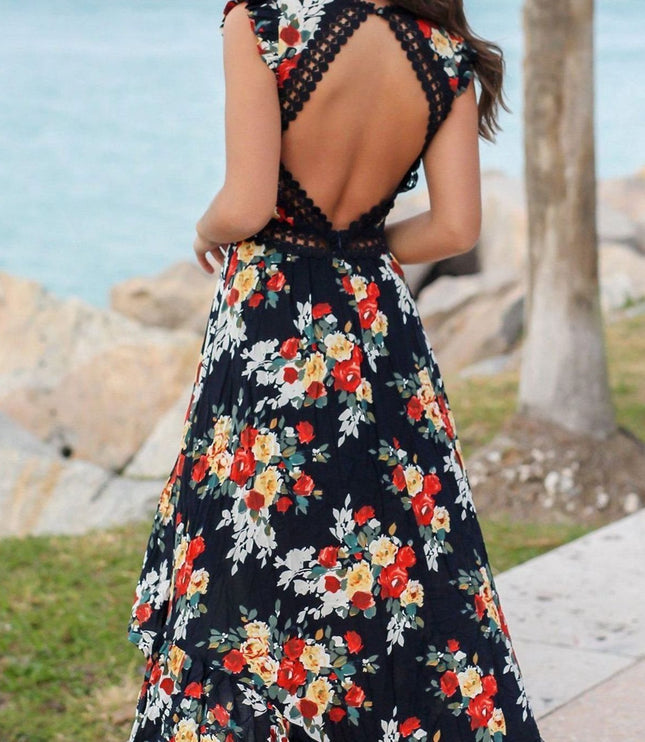 Women's Maxi Dress with Ruffle Sleeve Trim and High Low Hem