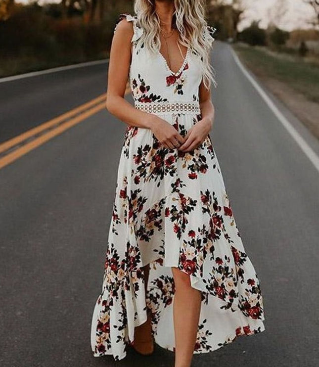 Women's Maxi Dress with Ruffle Sleeve Trim and High Low Hem