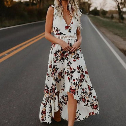 Women's Maxi Dress with Ruffle Sleeve Trim and High Low Hem