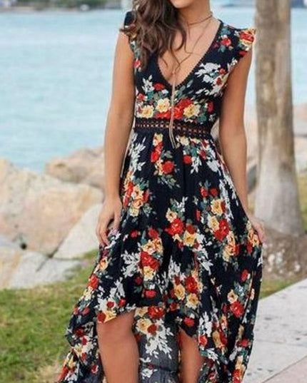 Women's Maxi Dress with Ruffle Sleeve Trim and High Low Hem