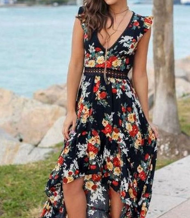 Women's Maxi Dress with Ruffle Sleeve Trim and High Low Hem