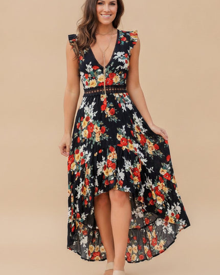 Women's Maxi Dress with Ruffle Sleeve Trim and High Low Hem