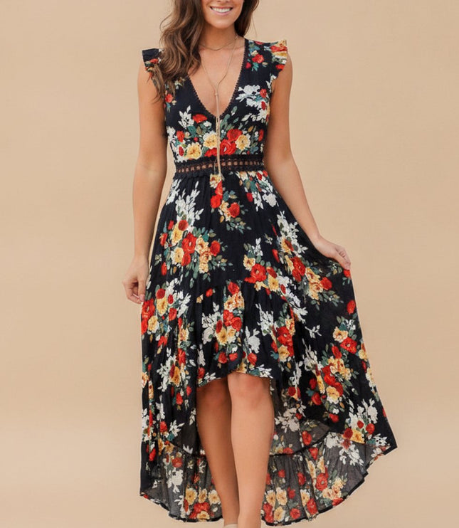 Women's Maxi Dress with Ruffle Sleeve Trim and High Low Hem