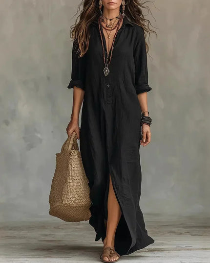 Women's Maxi Shirt Dress with Button Front and Side Slits