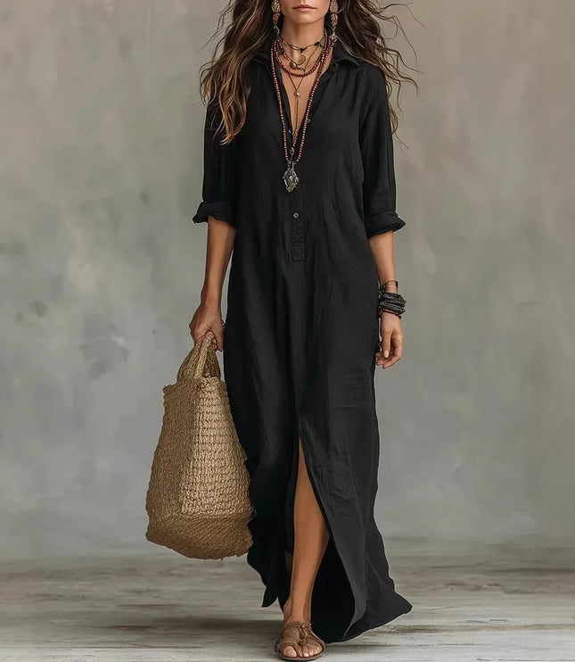 Women's Maxi Shirt Dress with Button Front and Side Slits