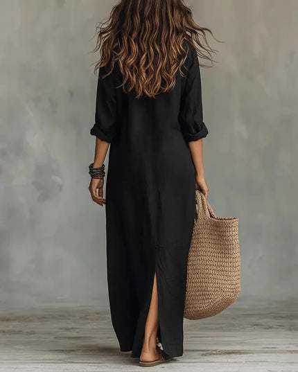Women's Maxi Shirt Dress with Button Front and Side Slits
