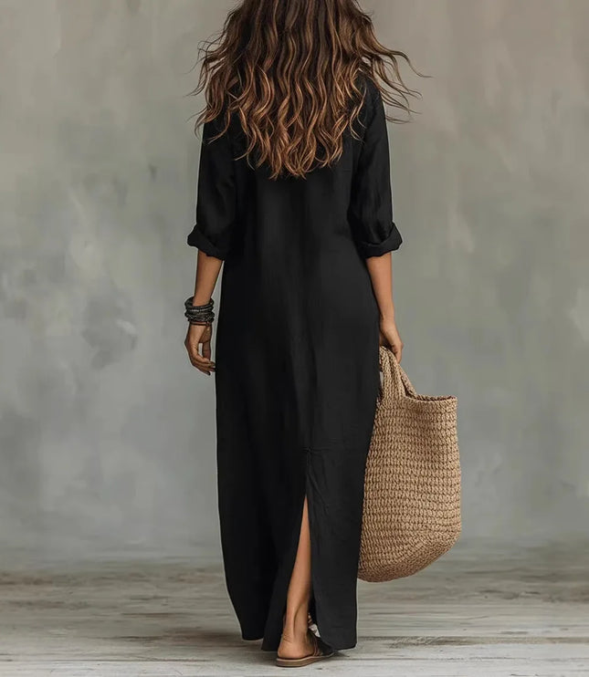 Women's Maxi Shirt Dress with Button Front and Side Slits