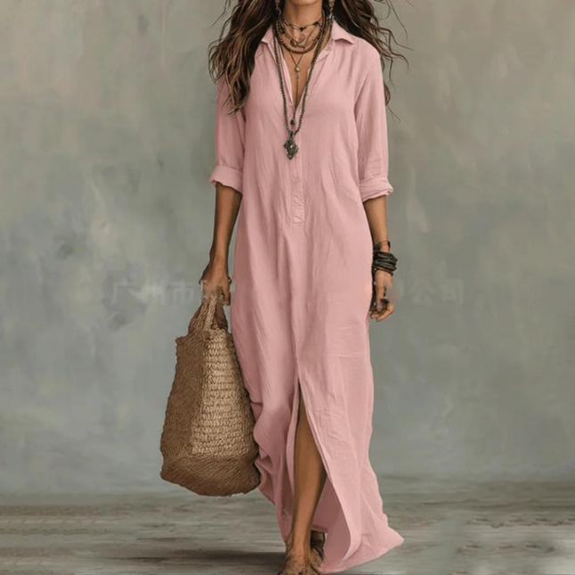 Women's Maxi Shirt Dress with Button Front and Side Slits