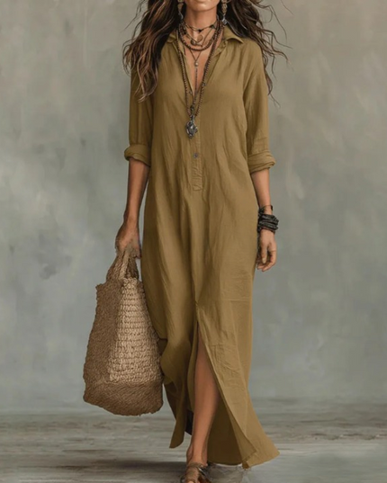 Women's Maxi Shirt Dress with Button Front and Side Slits