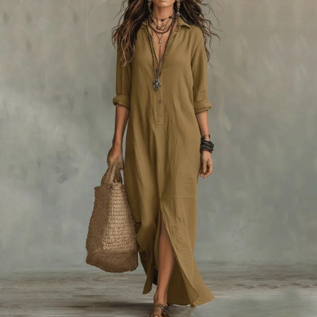 Women's Maxi Shirt Dress with Button Front and Side Slits