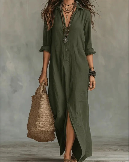 Women's Maxi Shirt Dress with Button Front and Side Slits