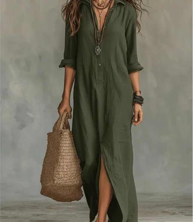 Women's Maxi Shirt Dress with Button Front and Side Slits