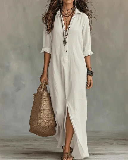 Women's Maxi Shirt Dress with Button Front and Side Slits