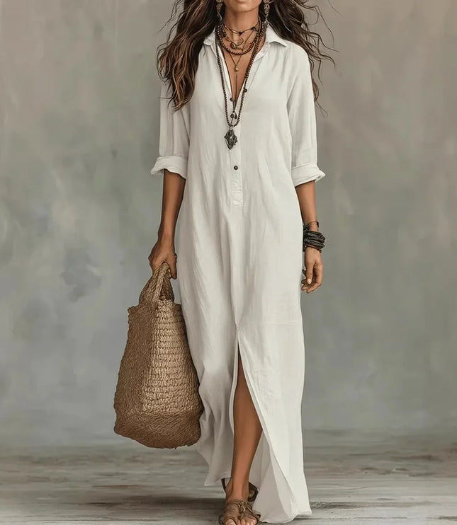 Women's Maxi Shirt Dress with Button Front and Side Slits