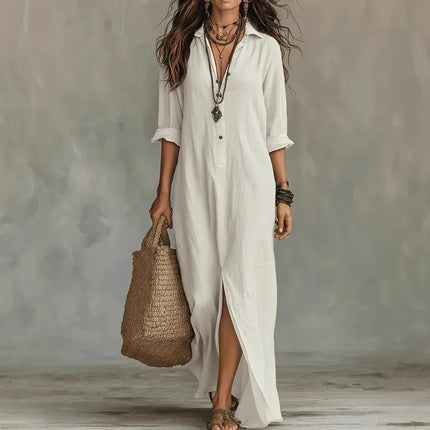 Women's Maxi Shirt Dress with Button Front and Side Slits