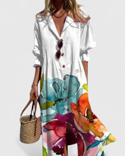 Women's Maxi Shirt Dress with Long Sleeves and a Leaf Print