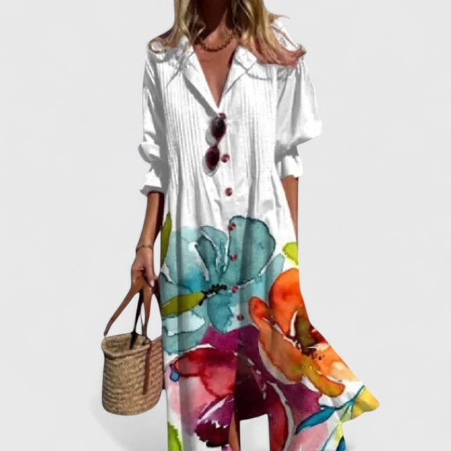 Women's Maxi Shirt Dress with Long Sleeves and a Leaf Print