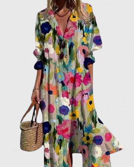 Women's Maxi Shirt Dress with Long Sleeves and a Leaf Print