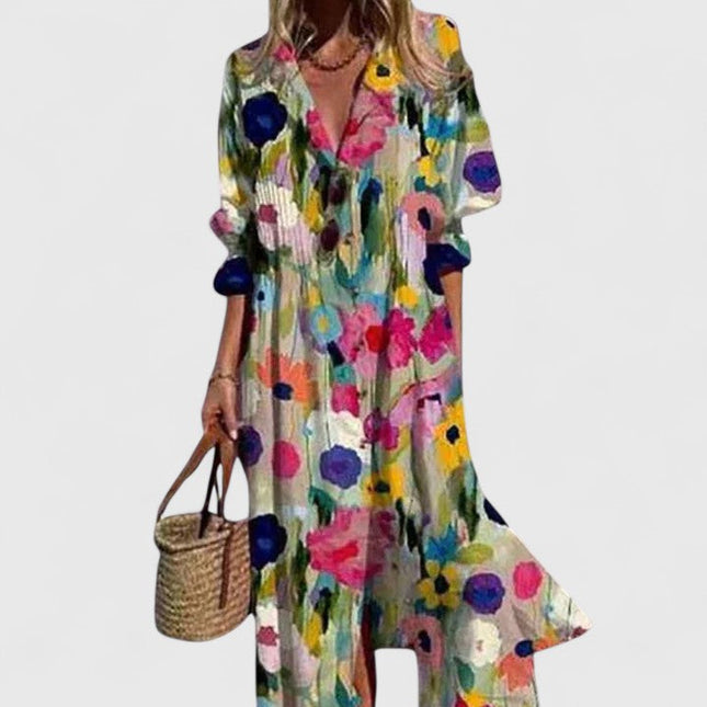 Women's Maxi Shirt Dress with Long Sleeves and a Leaf Print