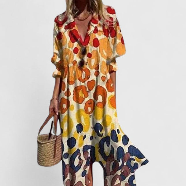 Women's Maxi Shirt Dress with Long Sleeves and a Leaf Print