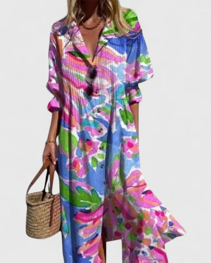 Women's Maxi Shirt Dress with Long Sleeves and a Leaf Print