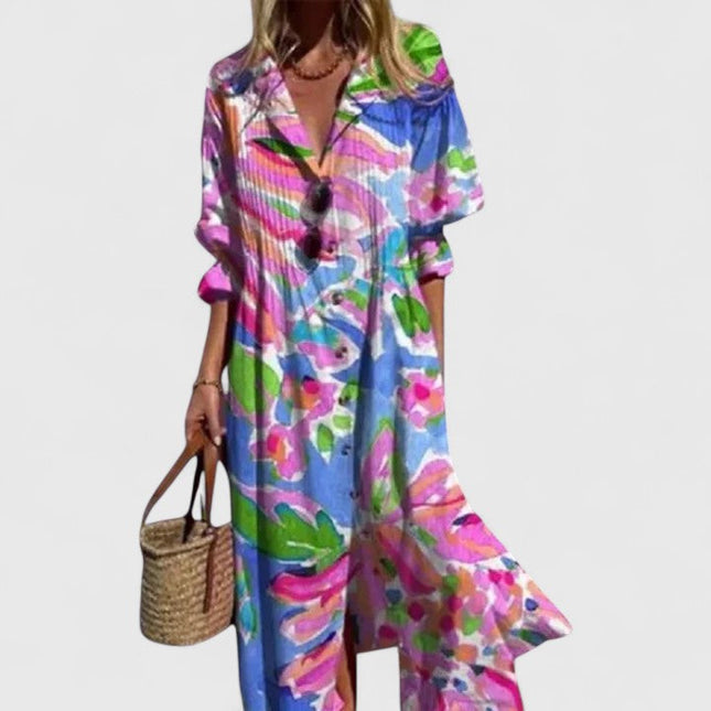 Women's Maxi Shirt Dress with Long Sleeves and a Leaf Print