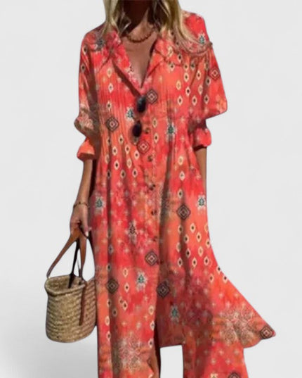 Women's Maxi Shirt Dress with Long Sleeves and a Leaf Print