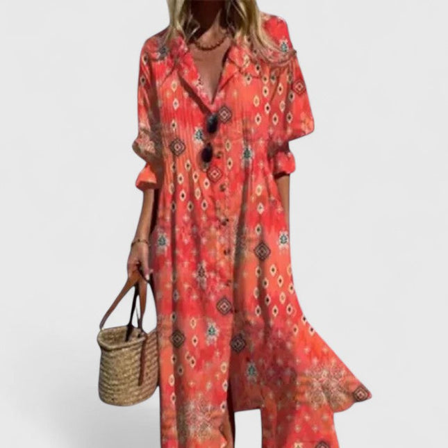Women's Maxi Shirt Dress with Long Sleeves and a Leaf Print