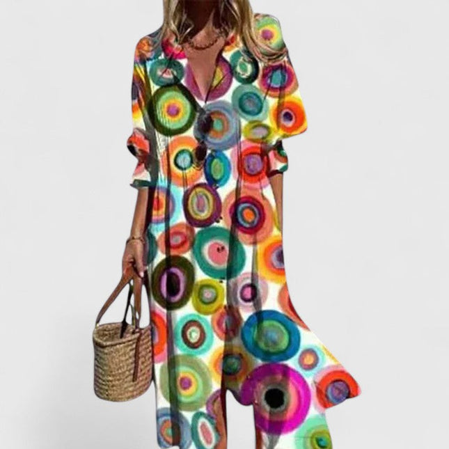 Women's Maxi Shirt Dress with Long Sleeves and a Leaf Print