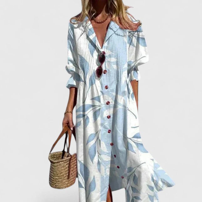 Women's Maxi Shirt Dress with Long Sleeves and a Leaf Print