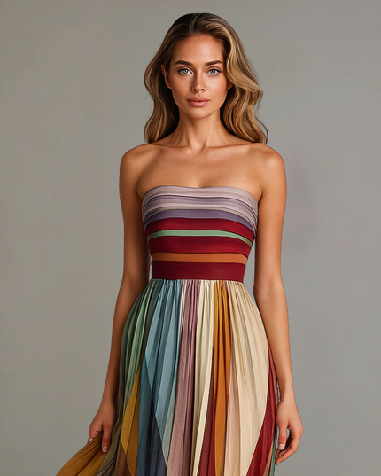 Women's Maxi Summer Dress with Strapless Neckline and Pleats