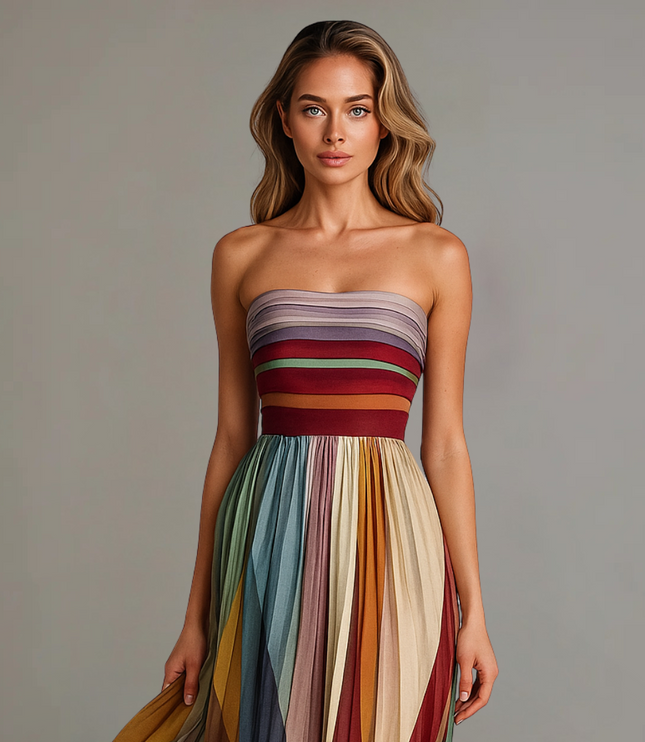 Women's Maxi Summer Dress with Strapless Neckline and Pleats