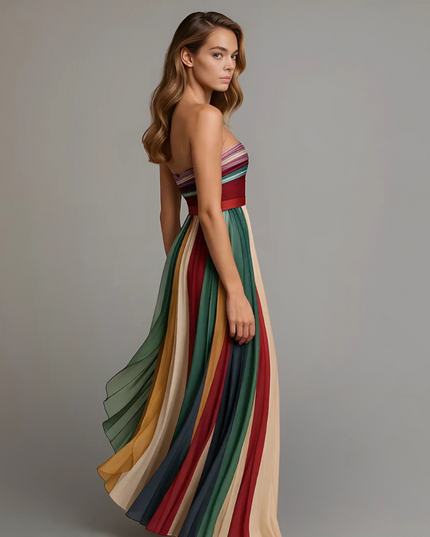 Women's Maxi Summer Dress with Strapless Neckline and Pleats