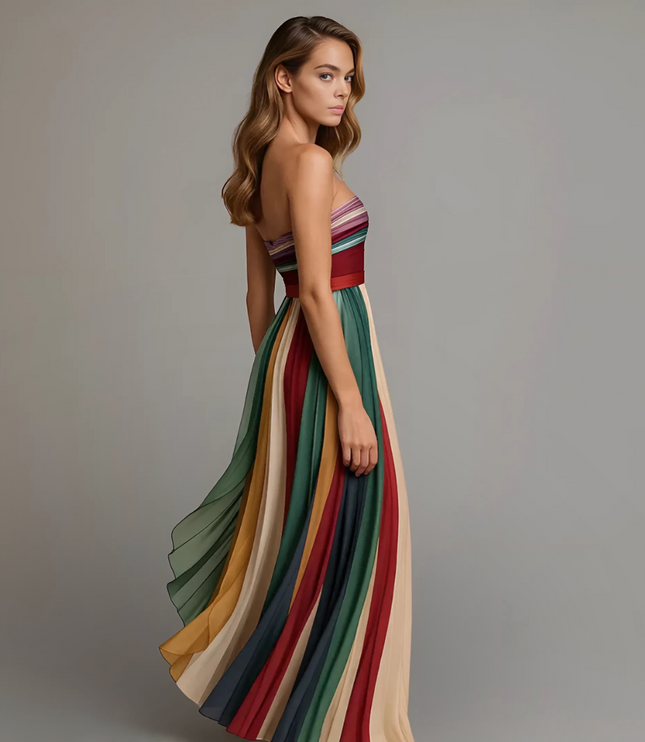 Women's Maxi Summer Dress with Strapless Neckline and Pleats