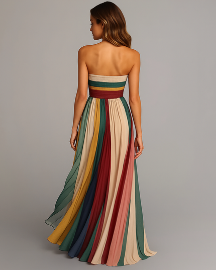 Women's Maxi Summer Dress with Strapless Neckline and Pleats